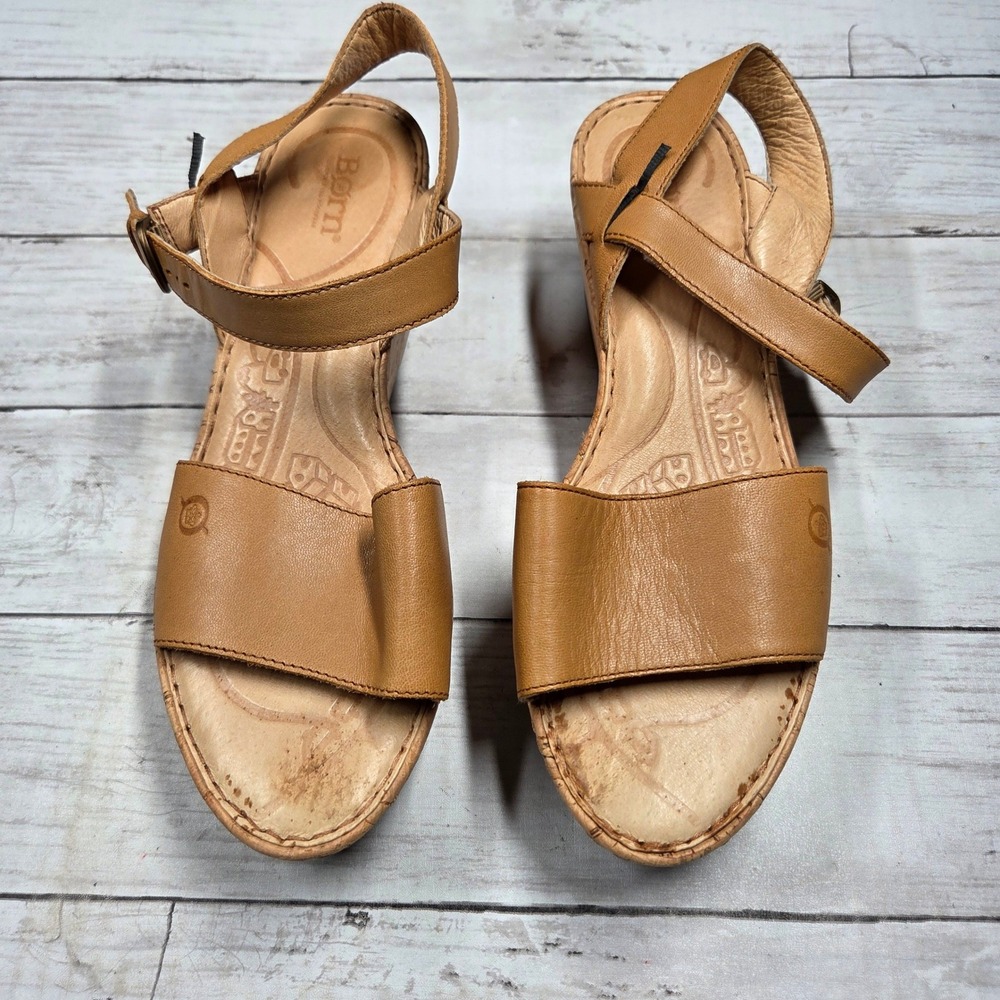 Born B81592 Platform Wedge Sandals Strappy Women 10 Tan Leather Cork